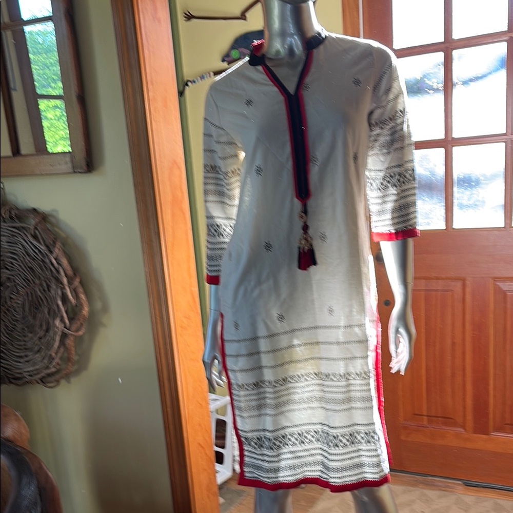 Women's White Embroidered ethnic top with Red Trim